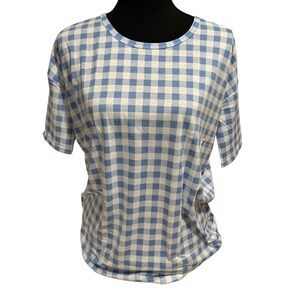 LulaRoe Irma Tunic Short Sleeve Checked Print Light Blue & White XXS-XS 00-0